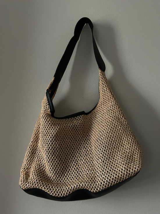 Handbags - Woven Straw Hobo Tote Bag with Black Trim